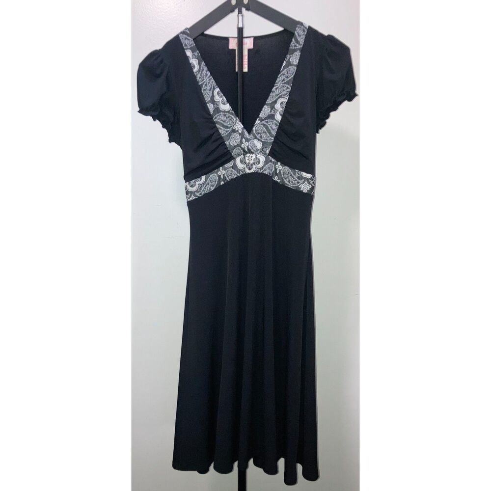 VTG Y2K Candies Black Paisley Empire Waist Midi Dress Medium Puff Sleeve